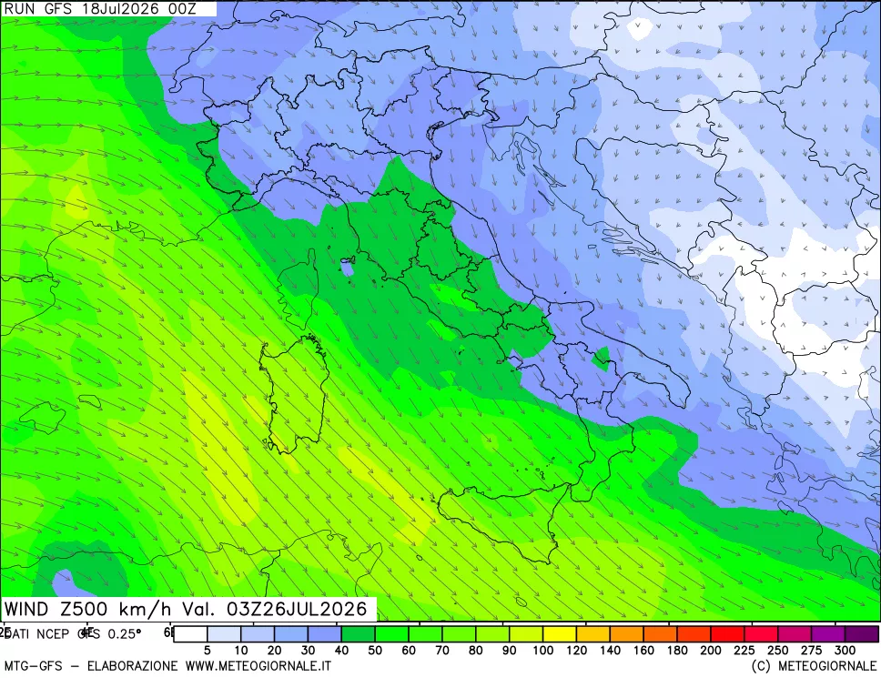 mappa 500 hPa Vento forza e direzione