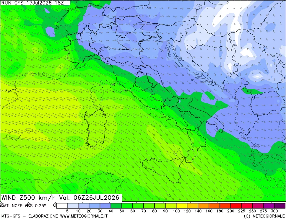 mappa 500 hPa Vento forza e direzione