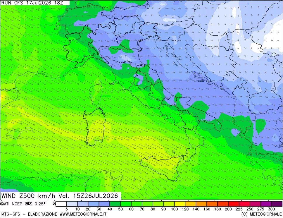 mappa 500 hPa Vento forza e direzione