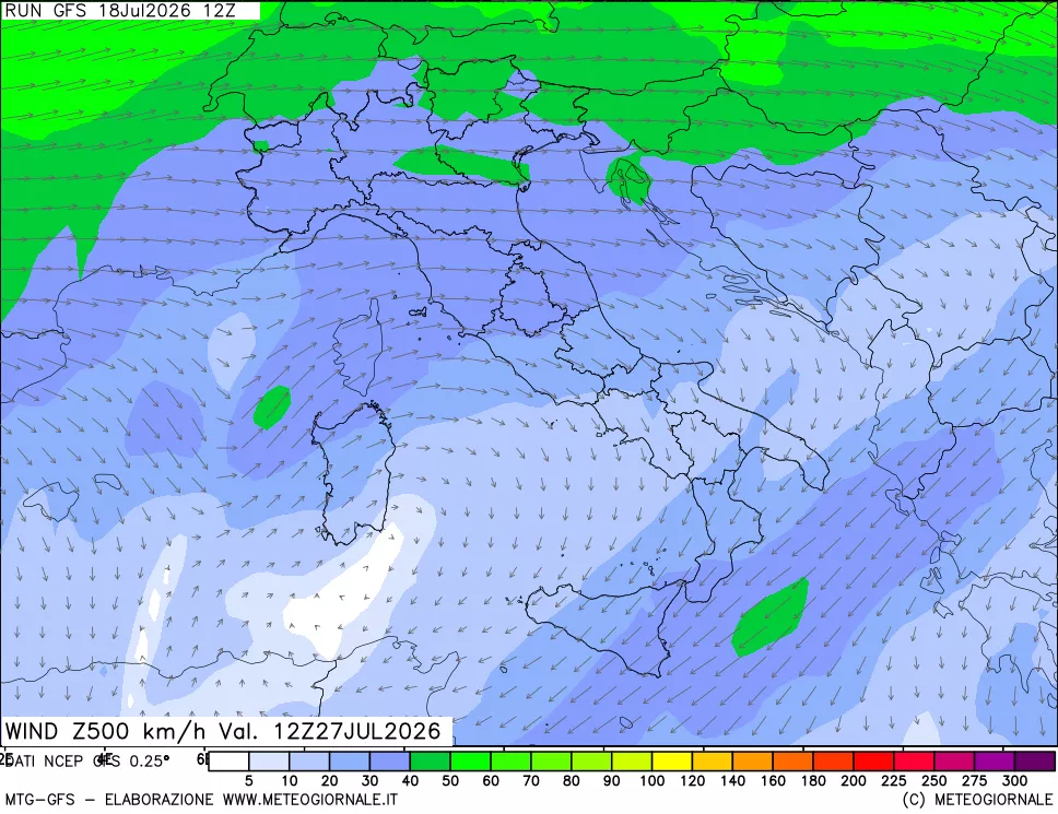 mappa 500 hPa Vento forza e direzione