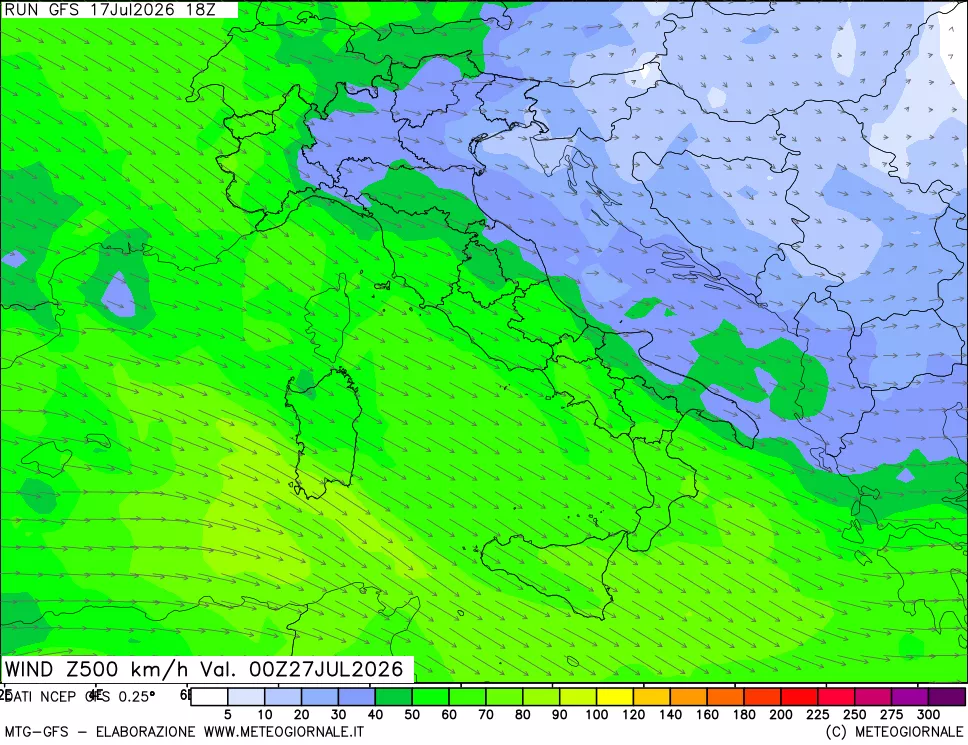 mappa 500 hPa Vento forza e direzione