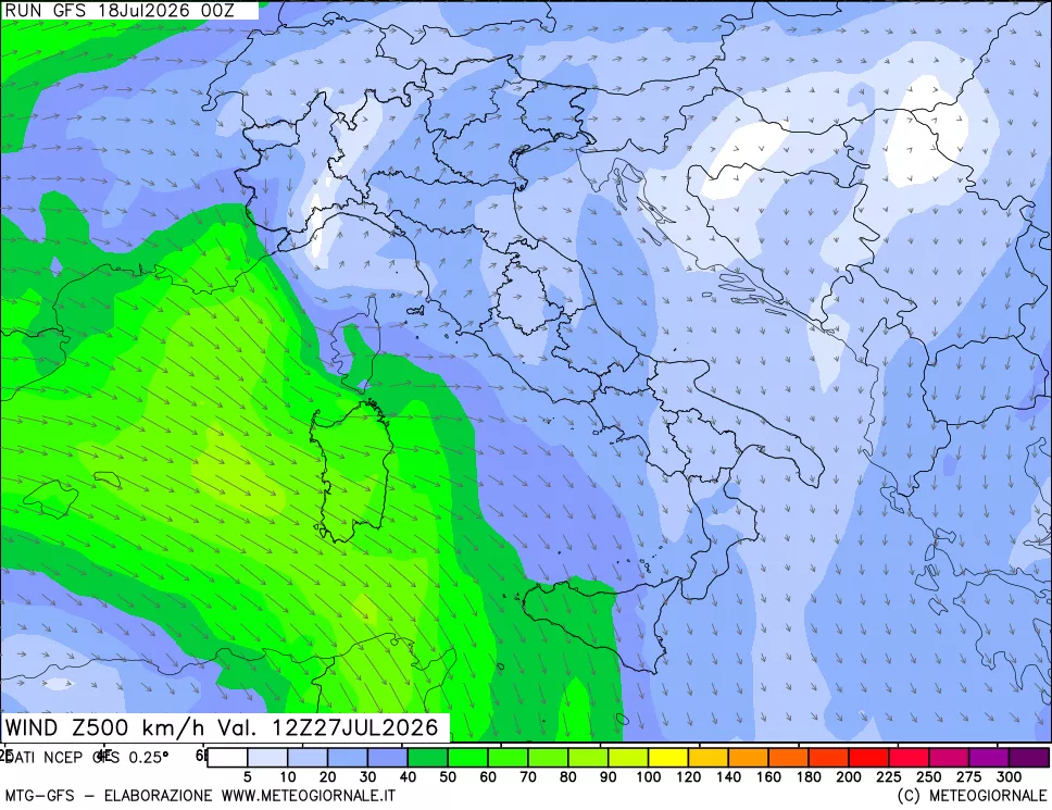 mappa 500 hPa Vento forza e direzione