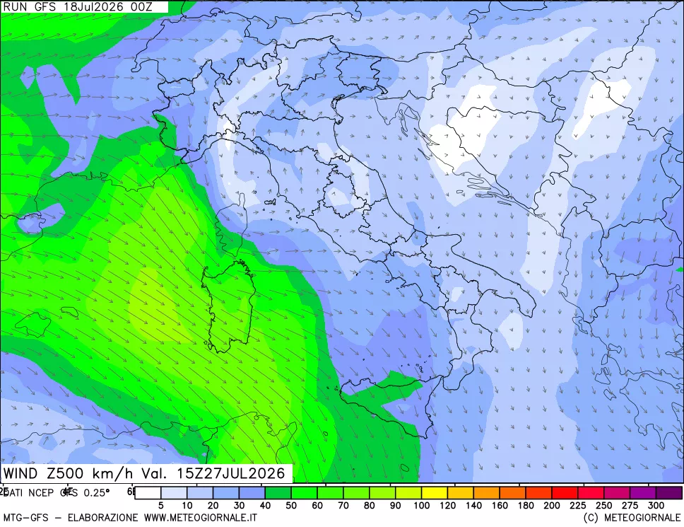 mappa 500 hPa Vento forza e direzione