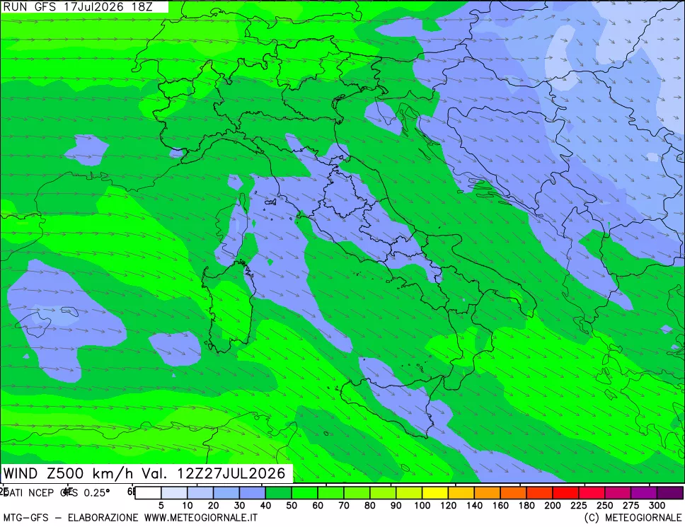 mappa 500 hPa Vento forza e direzione