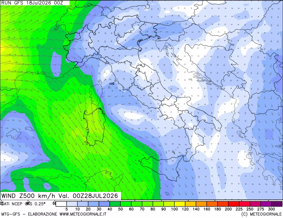 mappa 500 hPa Vento forza e direzione