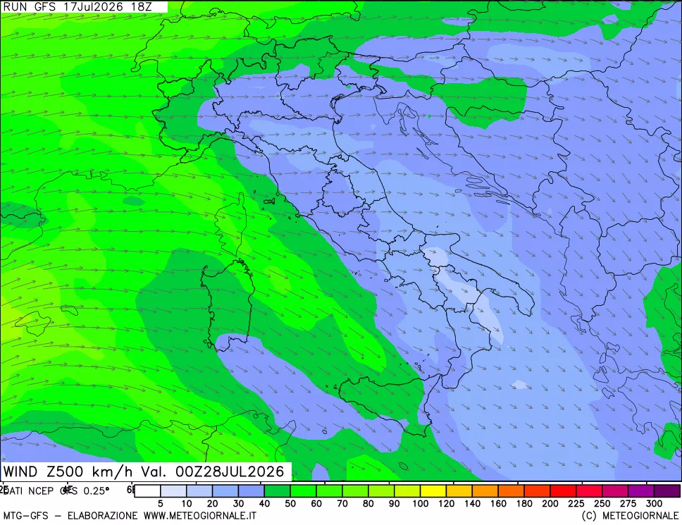 mappa 500 hPa Vento forza e direzione