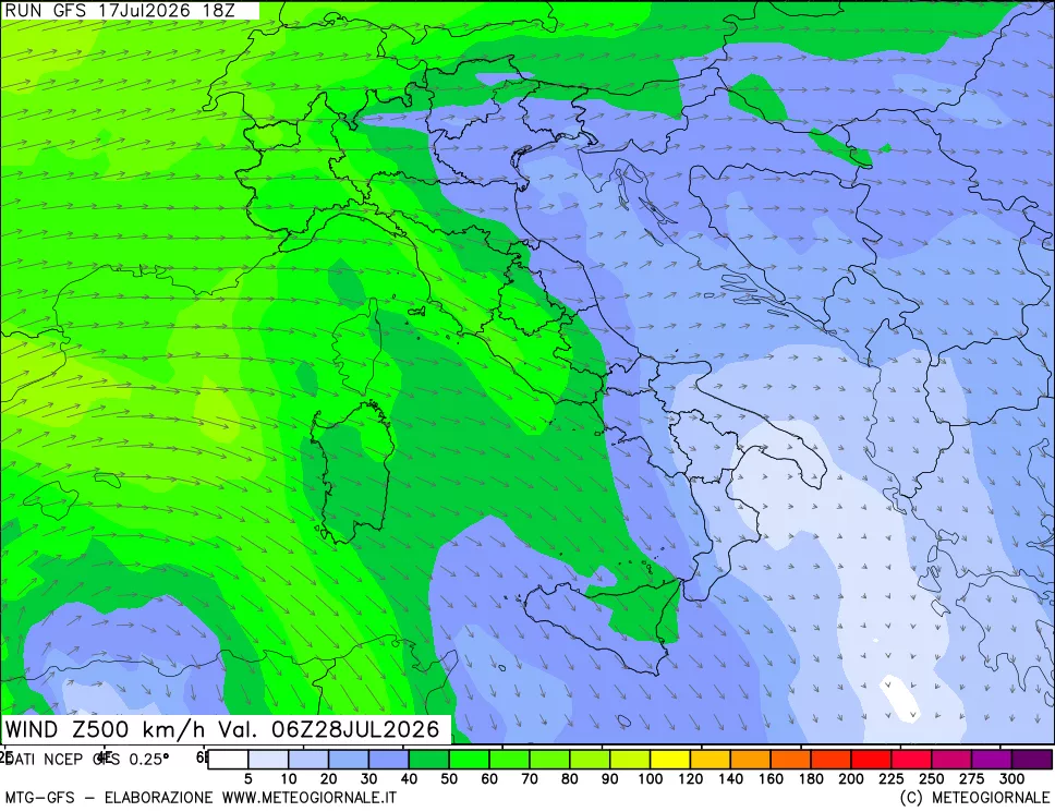 mappa 500 hPa Vento forza e direzione