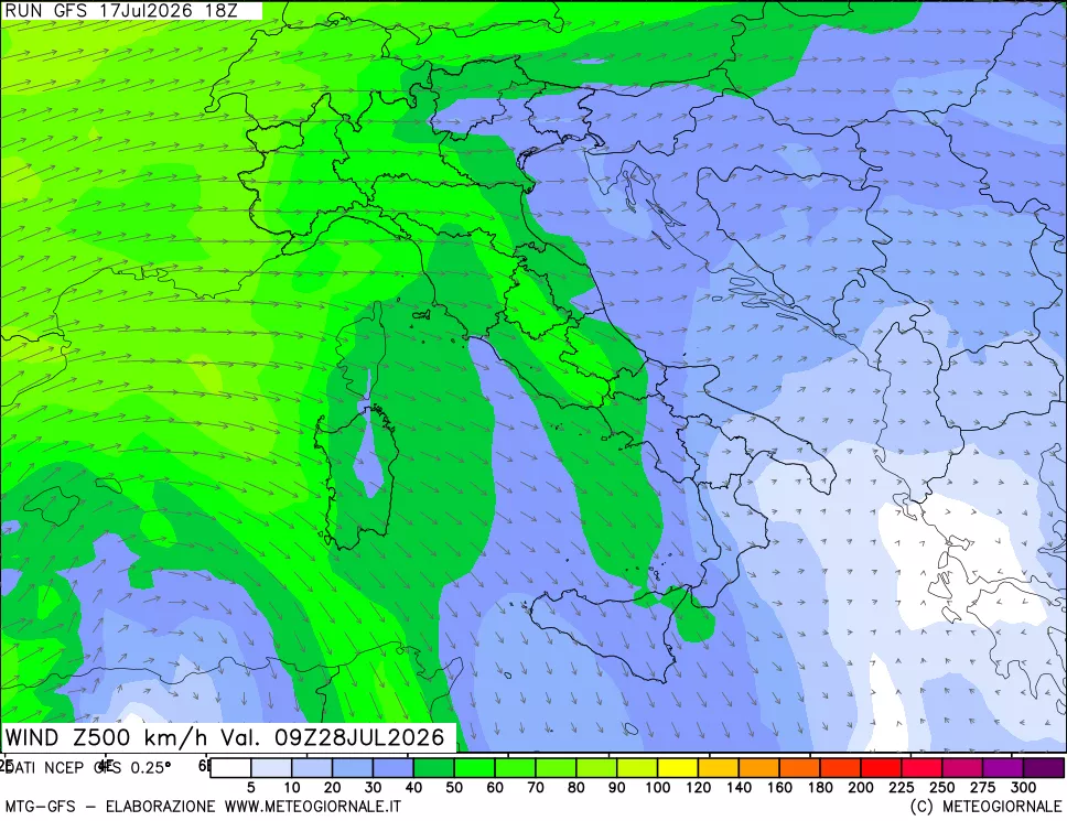 mappa 500 hPa Vento forza e direzione