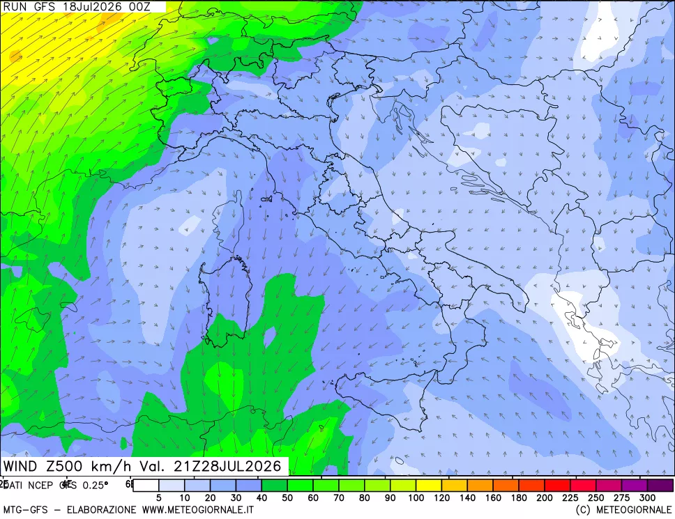 mappa 500 hPa Vento forza e direzione