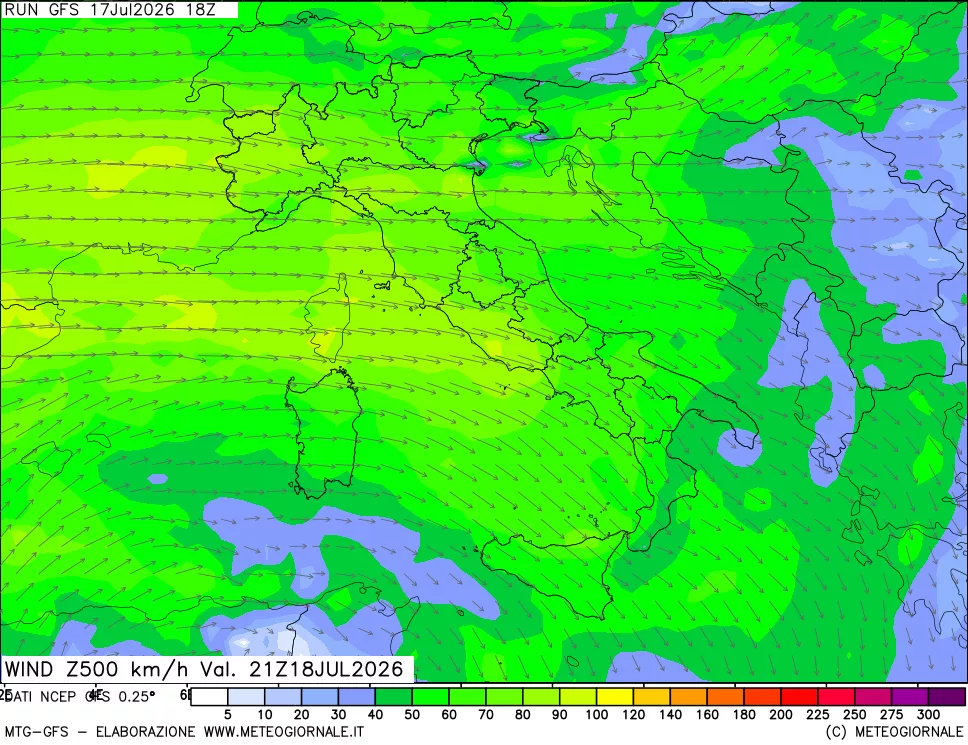 mappa 500 hPa Vento forza e direzione