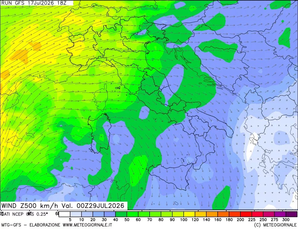 mappa 500 hPa Vento forza e direzione