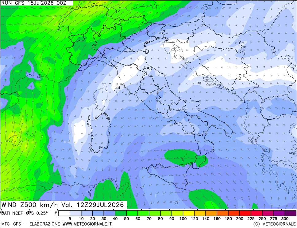 mappa 500 hPa Vento forza e direzione
