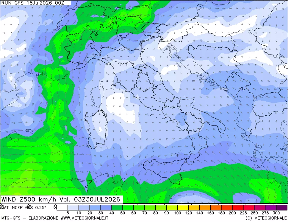 mappa 500 hPa Vento forza e direzione