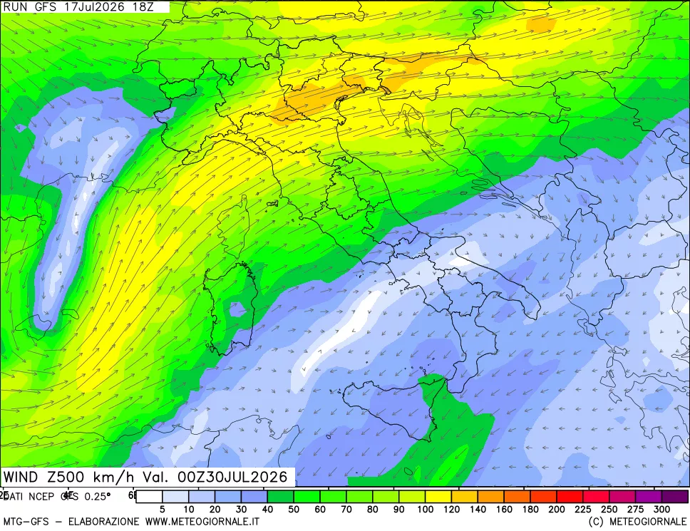 mappa 500 hPa Vento forza e direzione