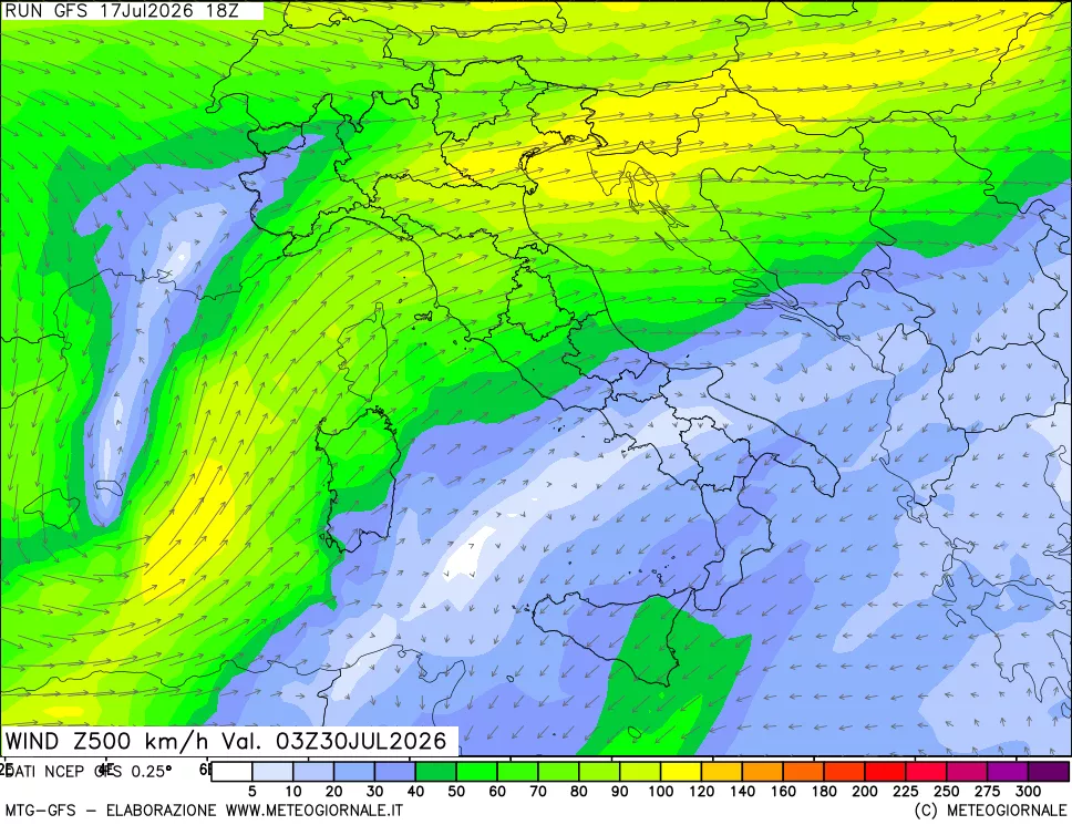 mappa 500 hPa Vento forza e direzione