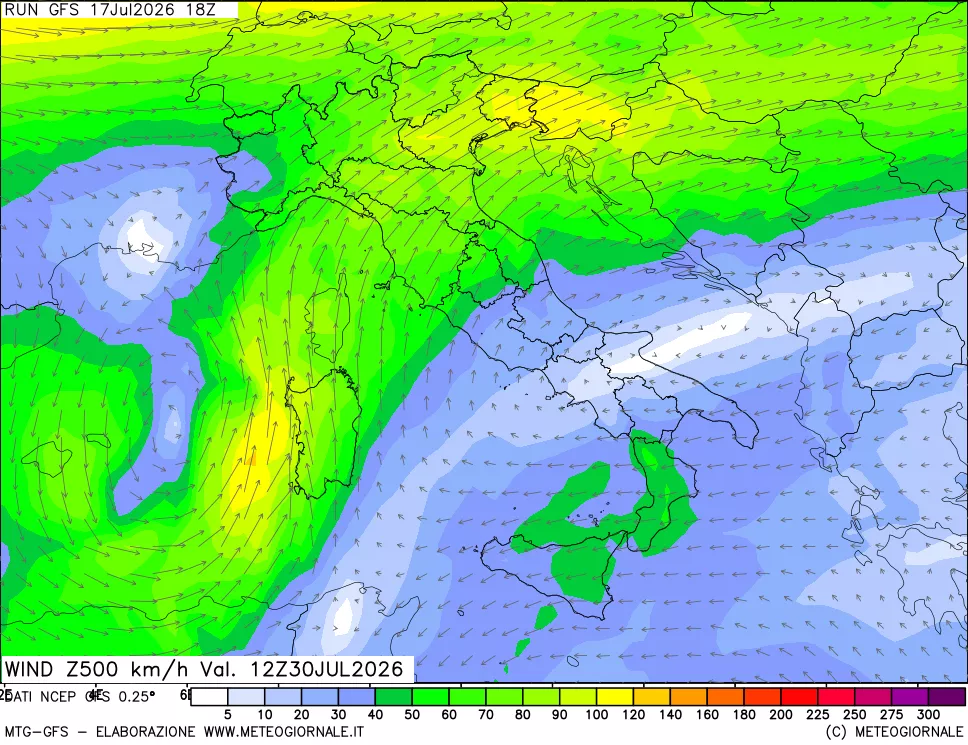 mappa 500 hPa Vento forza e direzione