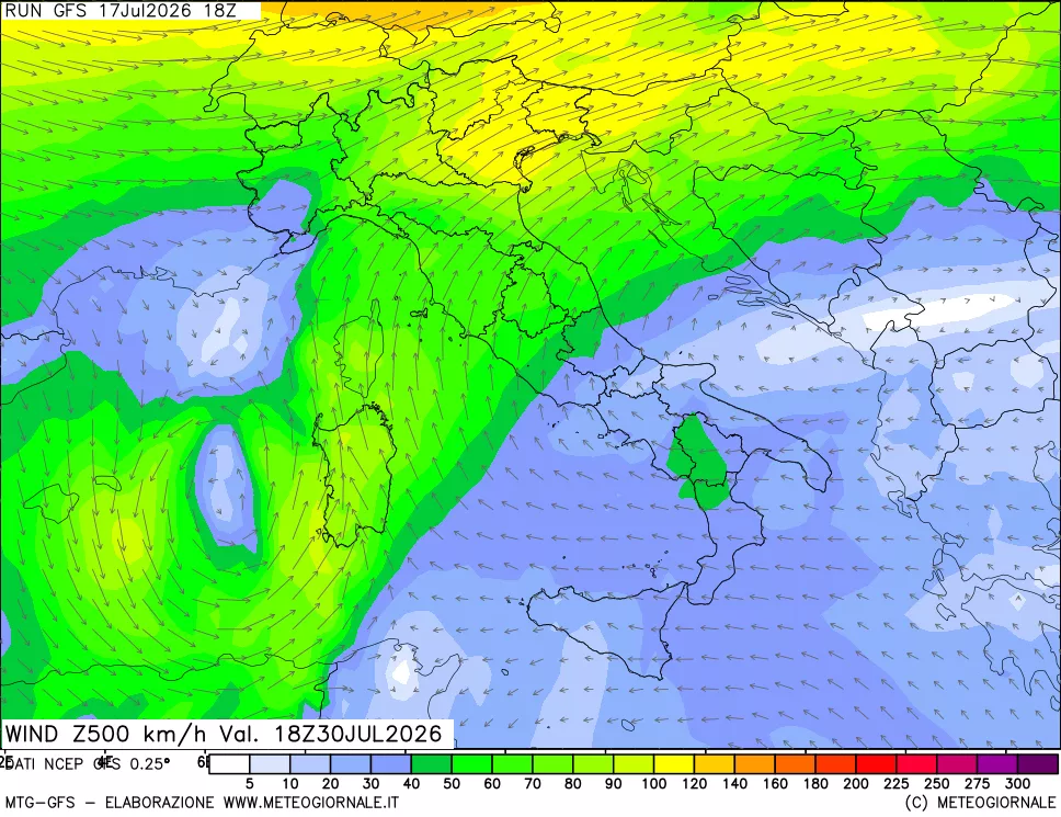 mappa 500 hPa Vento forza e direzione