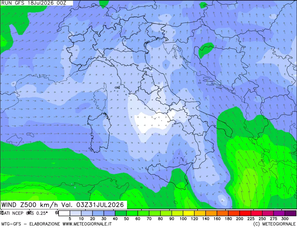 mappa 500 hPa Vento forza e direzione