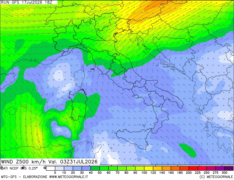 mappa 500 hPa Vento forza e direzione