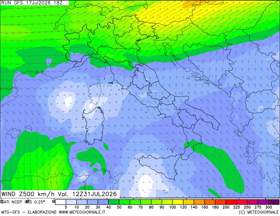 mappa 500 hPa Vento forza e direzione