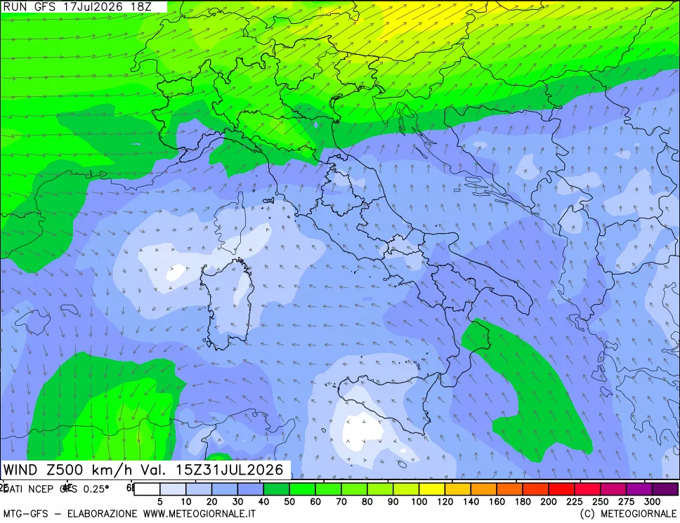 mappa 500 hPa Vento forza e direzione