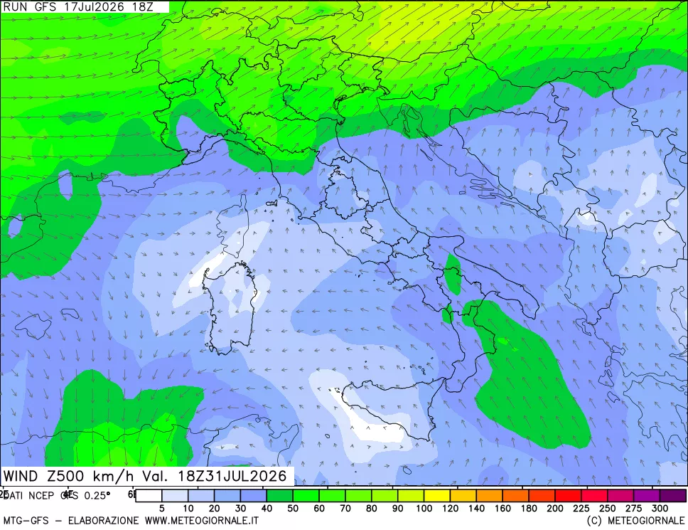 mappa 500 hPa Vento forza e direzione