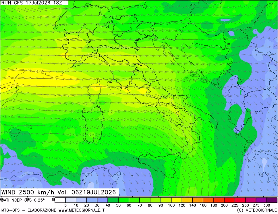 mappa 500 hPa Vento forza e direzione