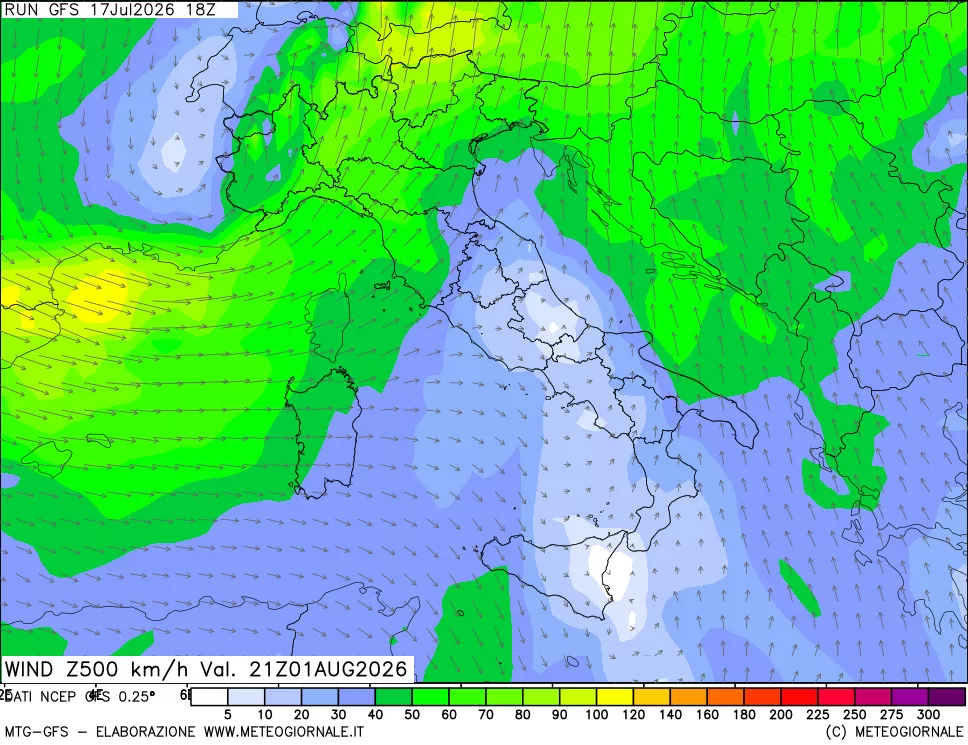 mappa 500 hPa Vento forza e direzione