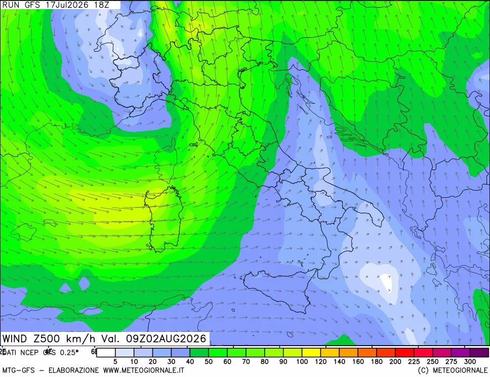 mappa 500 hPa Vento forza e direzione