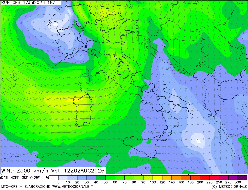mappa 500 hPa Vento forza e direzione