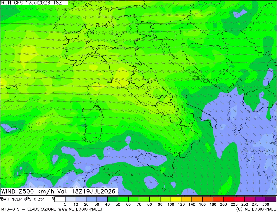 mappa 500 hPa Vento forza e direzione