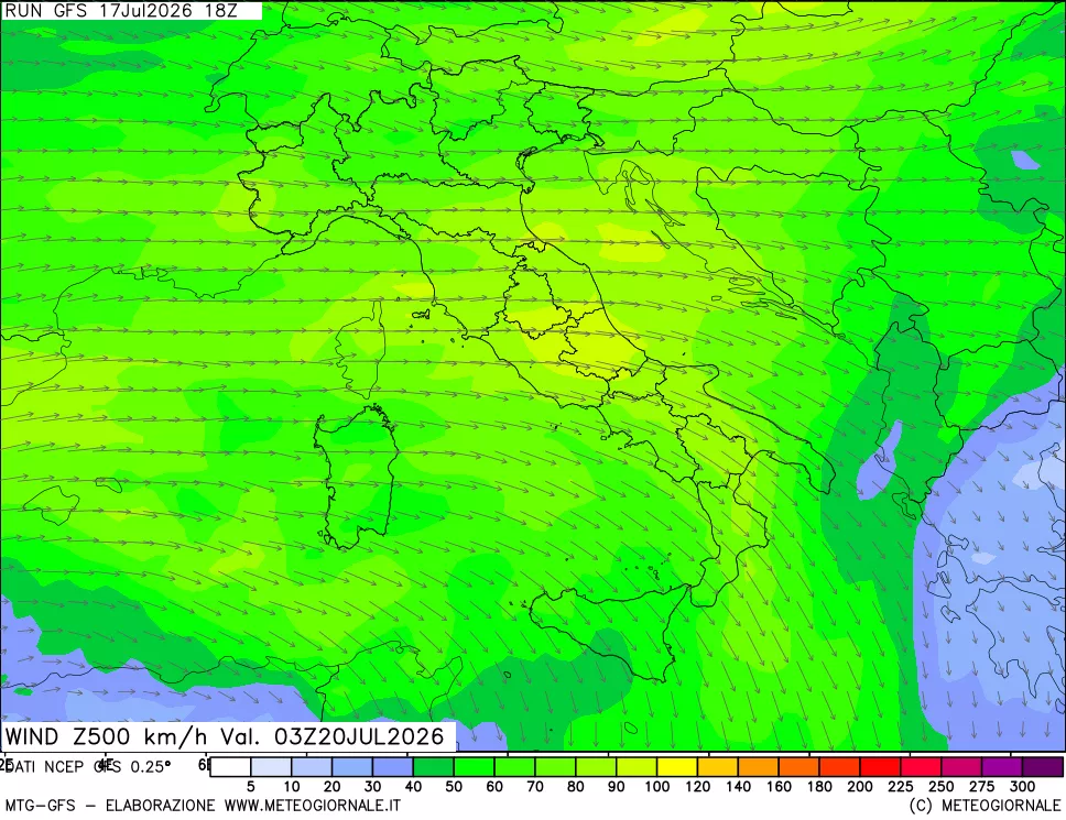 mappa 500 hPa Vento forza e direzione