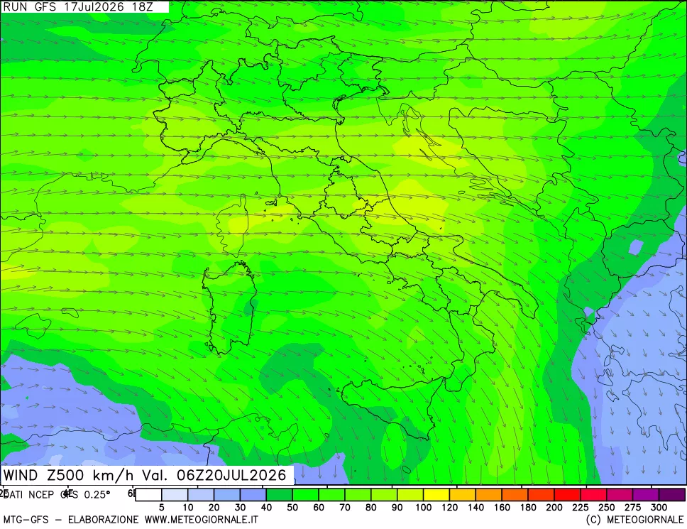 mappa 500 hPa Vento forza e direzione