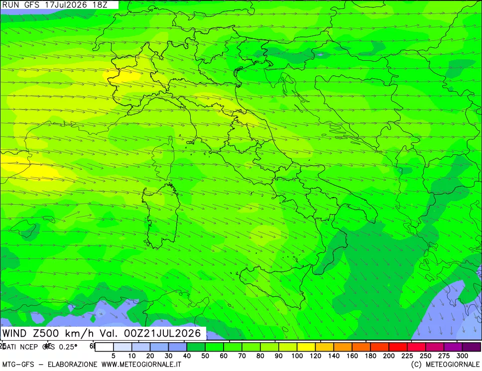 mappa 500 hPa Vento forza e direzione