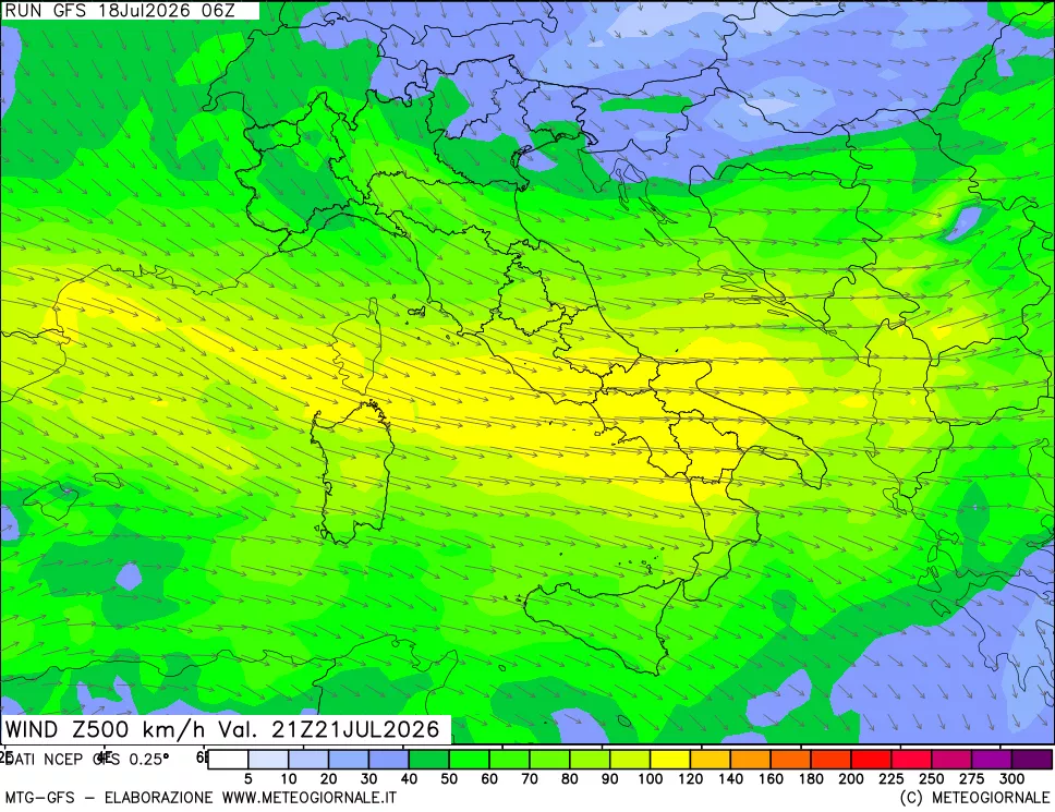 mappa 500 hPa Vento forza e direzione