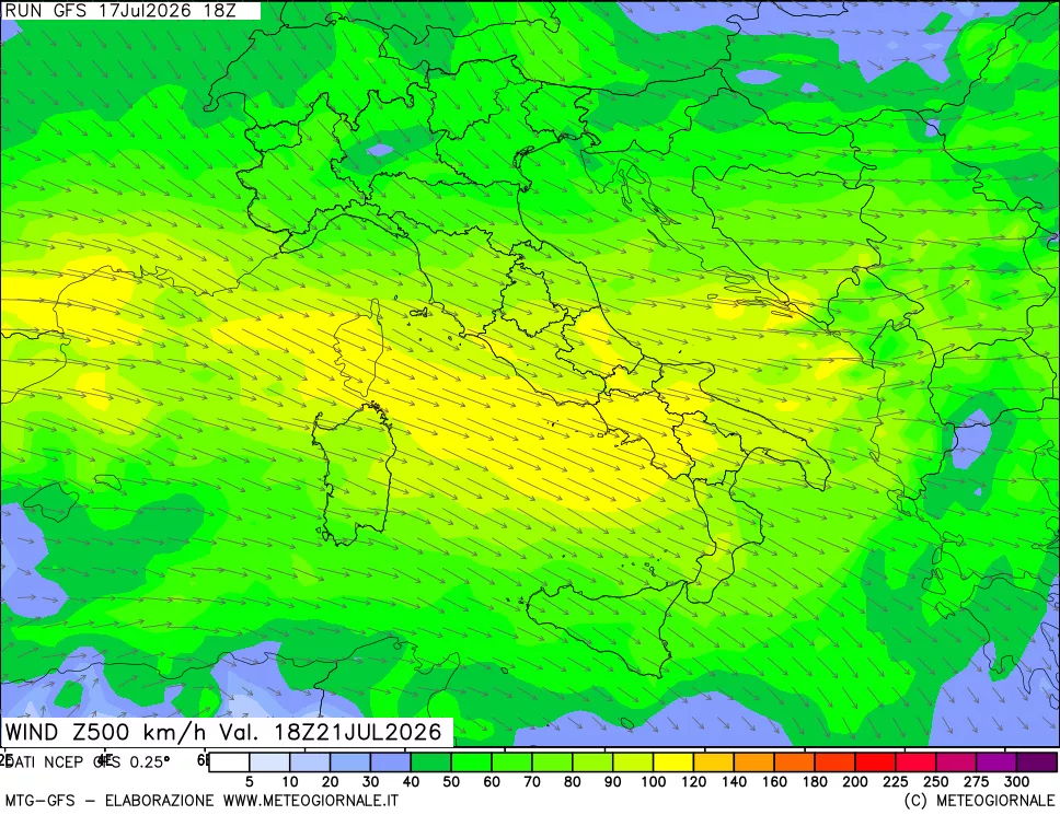 mappa 500 hPa Vento forza e direzione