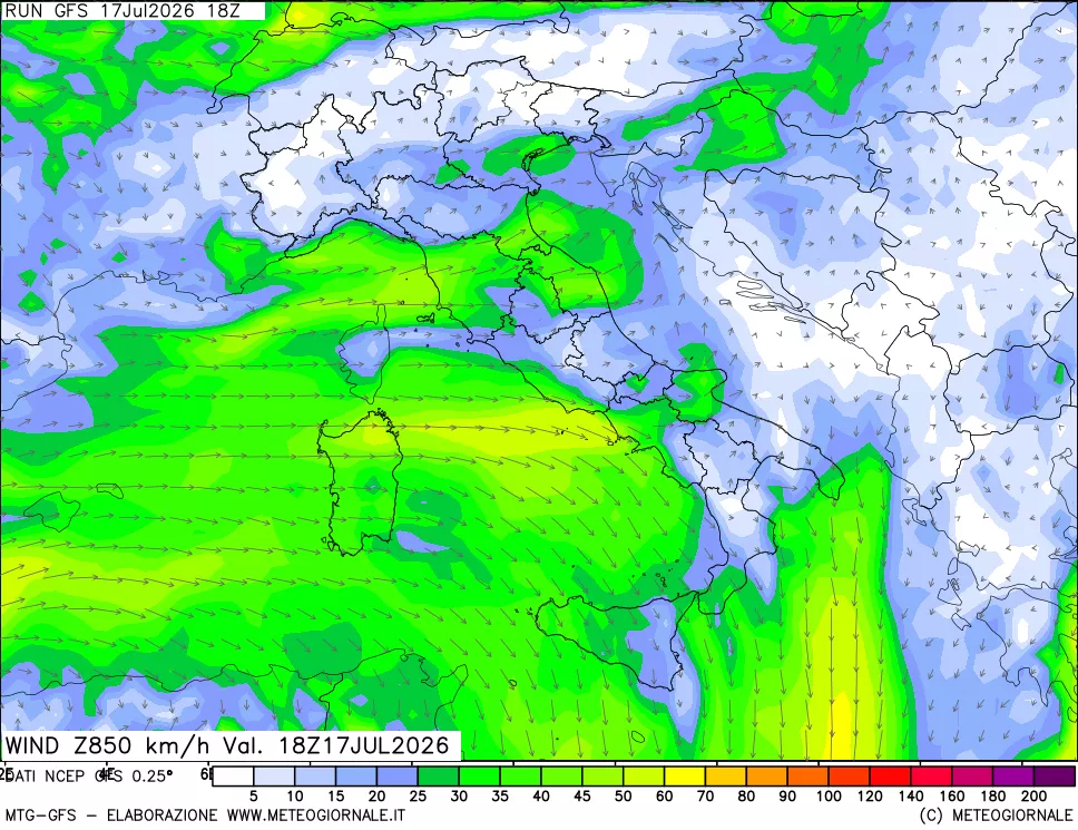 mappa 850 hPa Vento forza e direzione