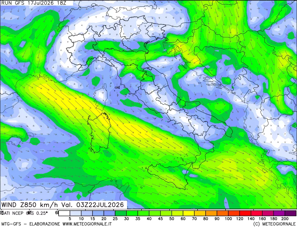 mappa 850 hPa Vento forza e direzione