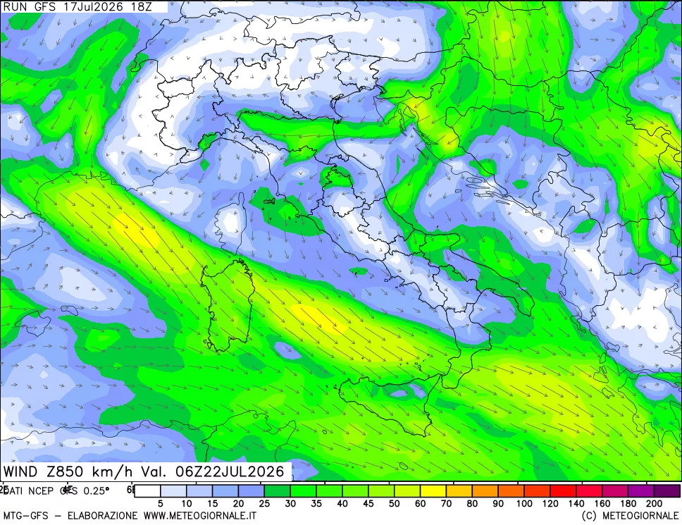 mappa 850 hPa Vento forza e direzione