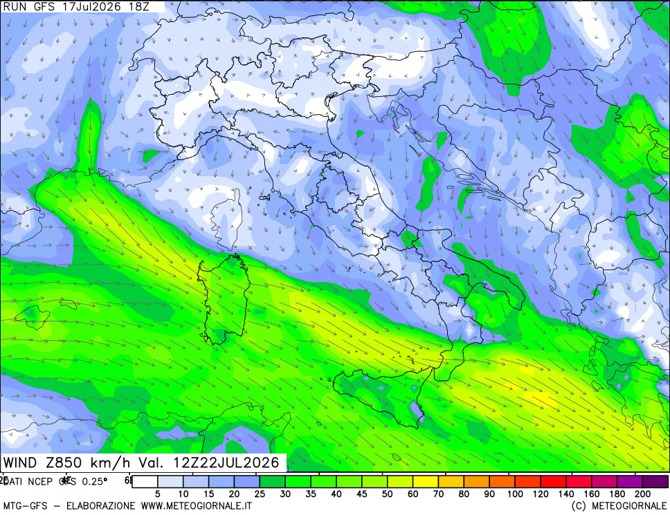 mappa 850 hPa Vento forza e direzione