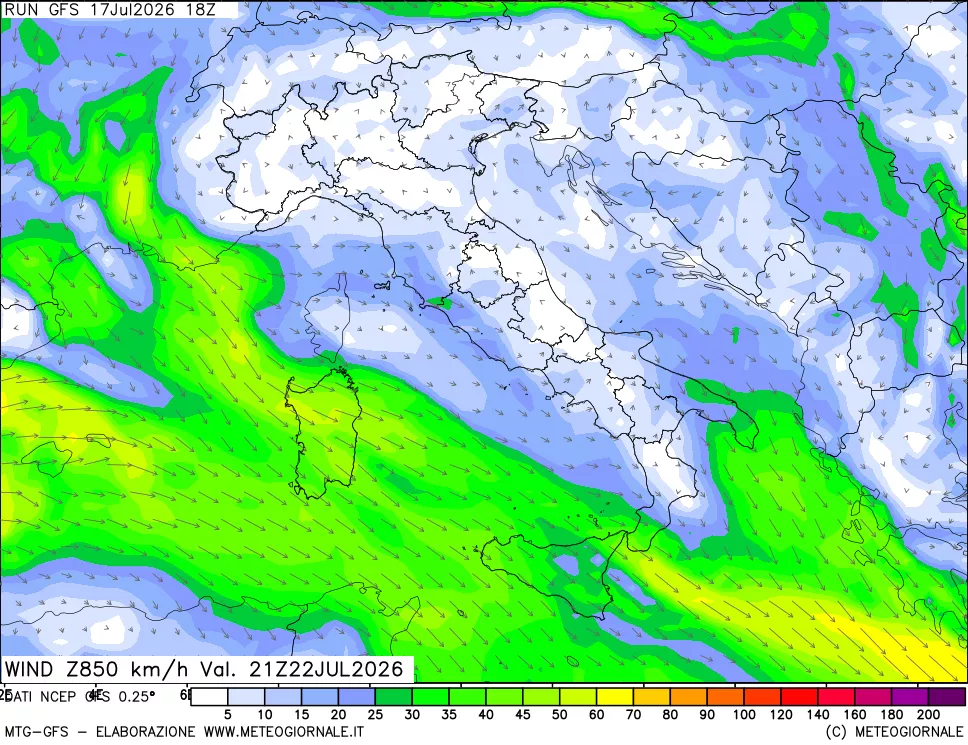 mappa 850 hPa Vento forza e direzione