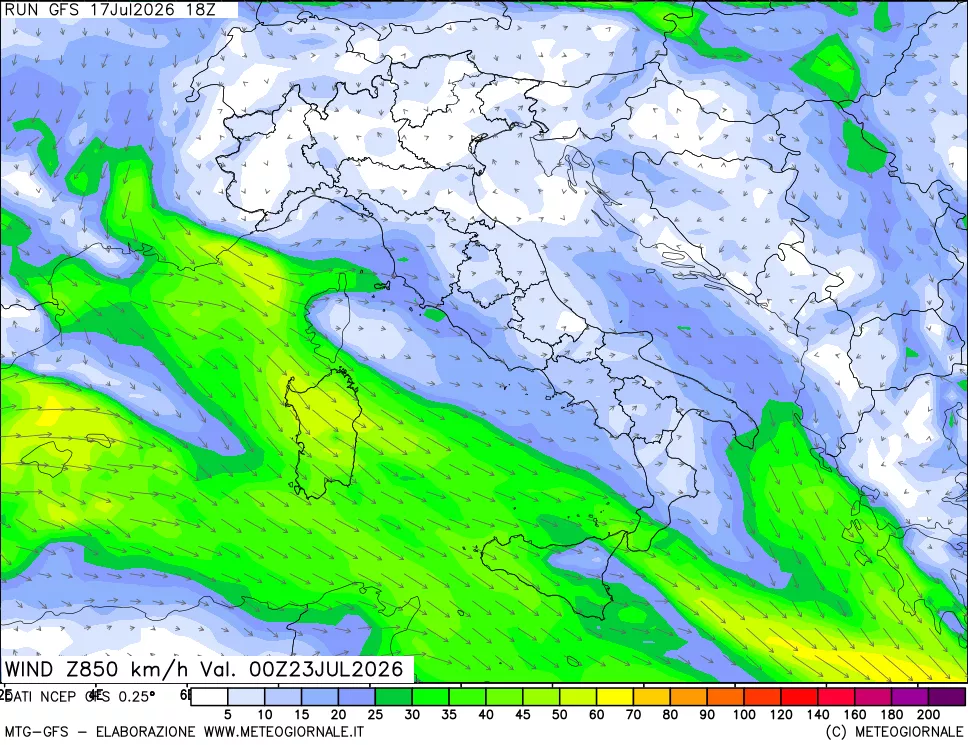 mappa 850 hPa Vento forza e direzione