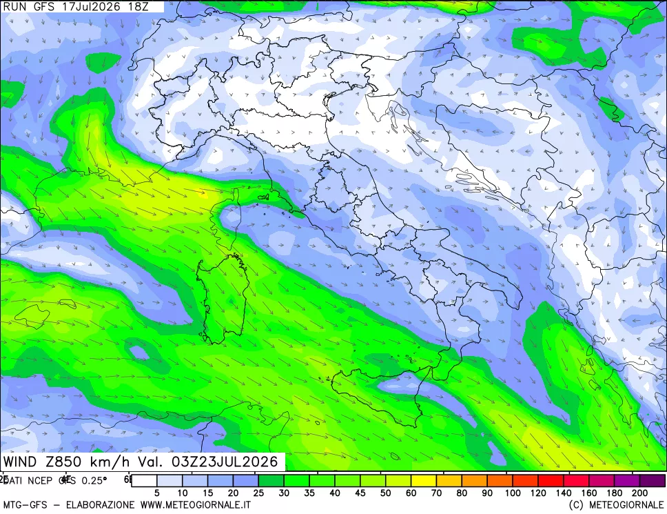 mappa 850 hPa Vento forza e direzione