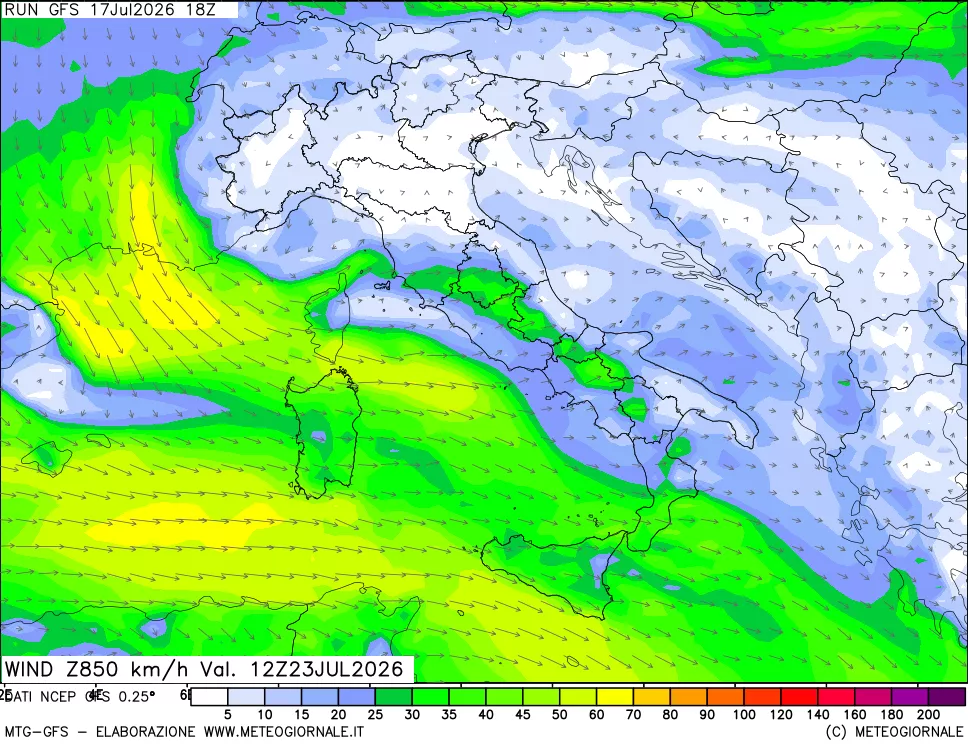 mappa 850 hPa Vento forza e direzione