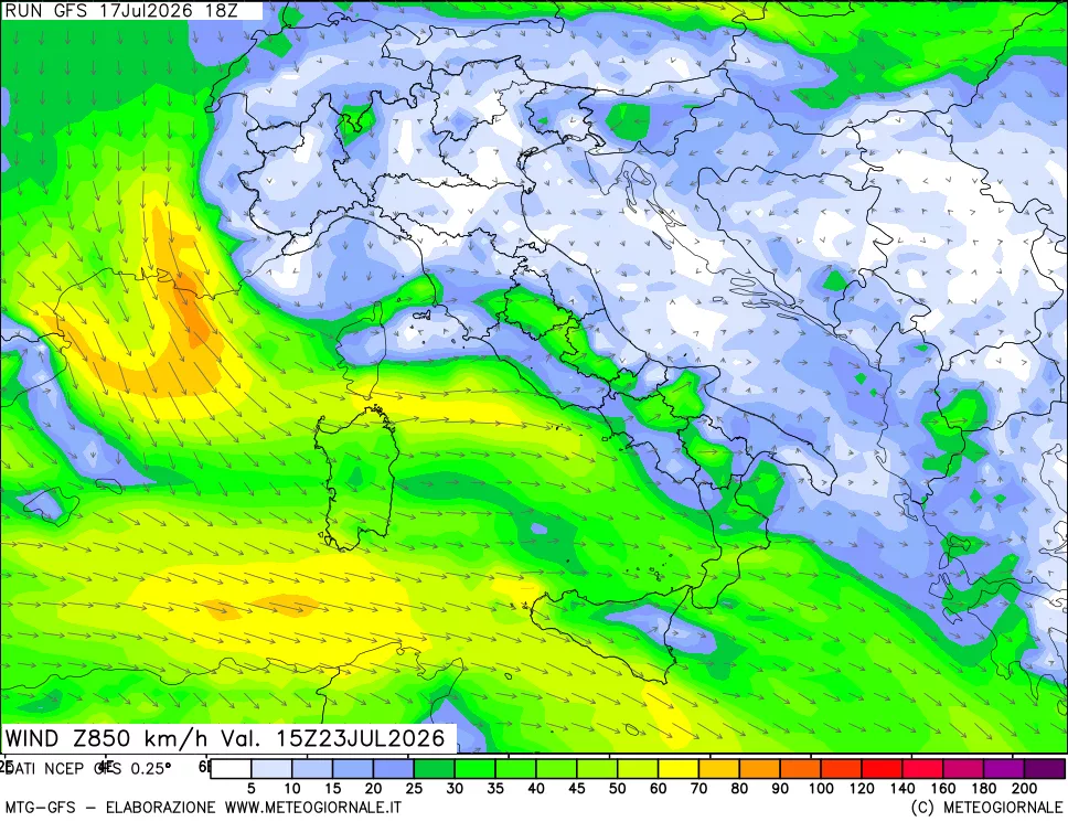 mappa 850 hPa Vento forza e direzione
