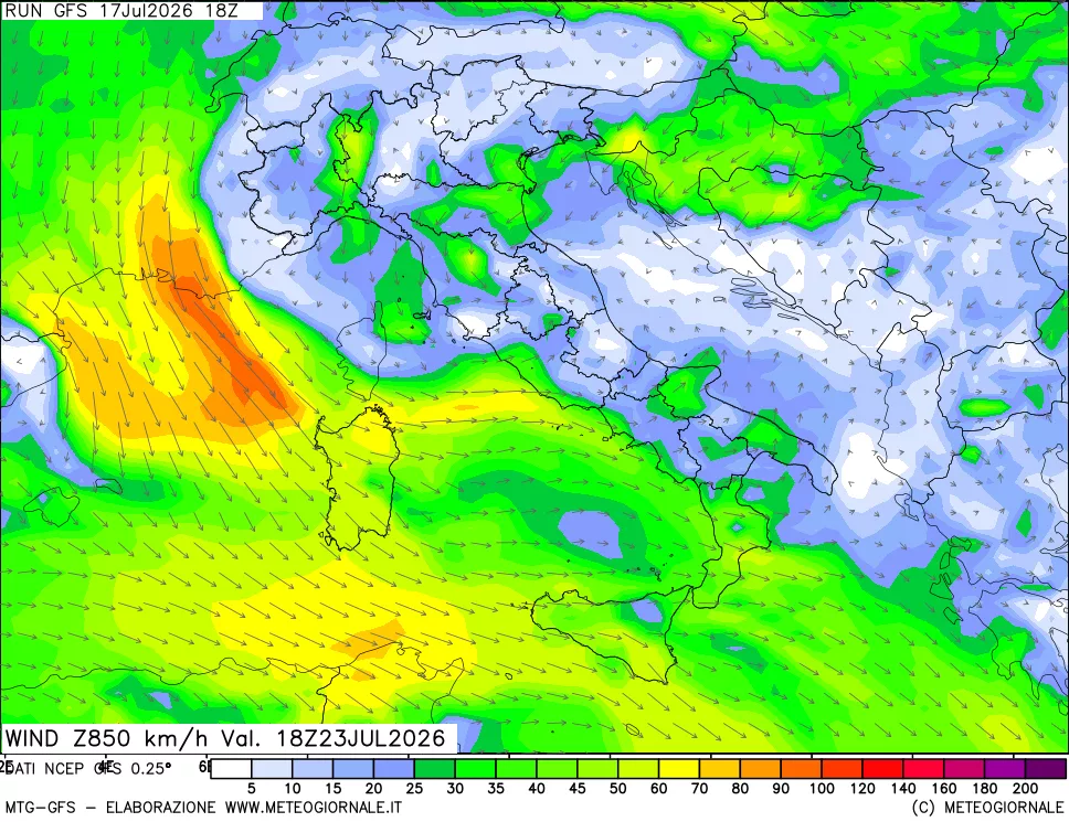 mappa 850 hPa Vento forza e direzione