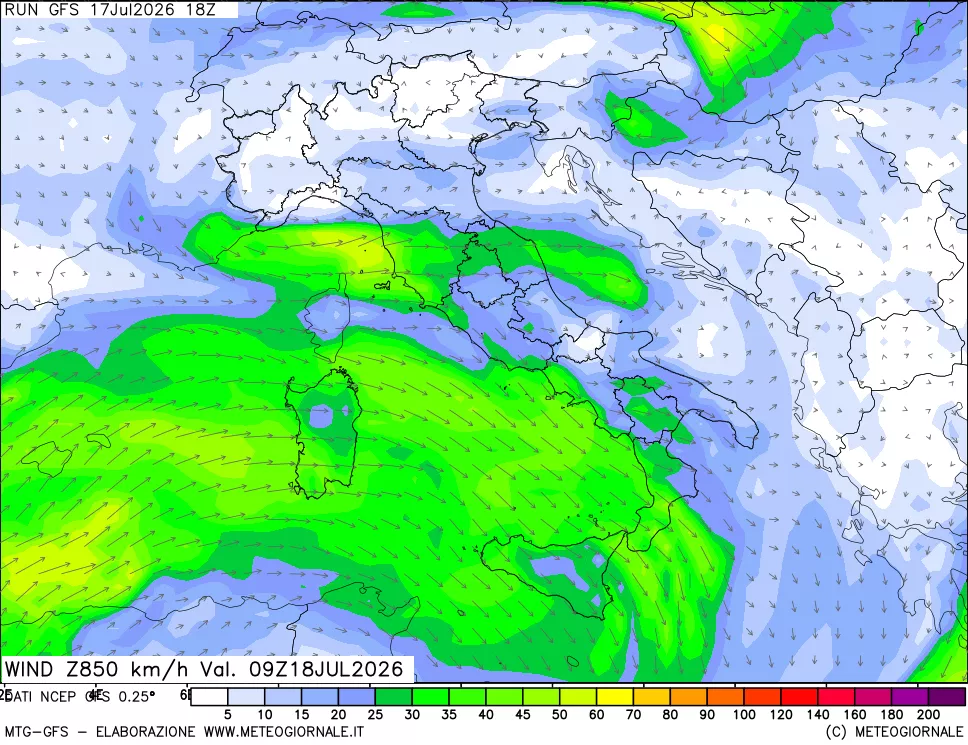 mappa 850 hPa Vento forza e direzione