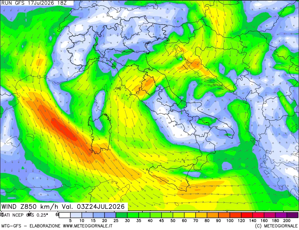 mappa 850 hPa Vento forza e direzione
