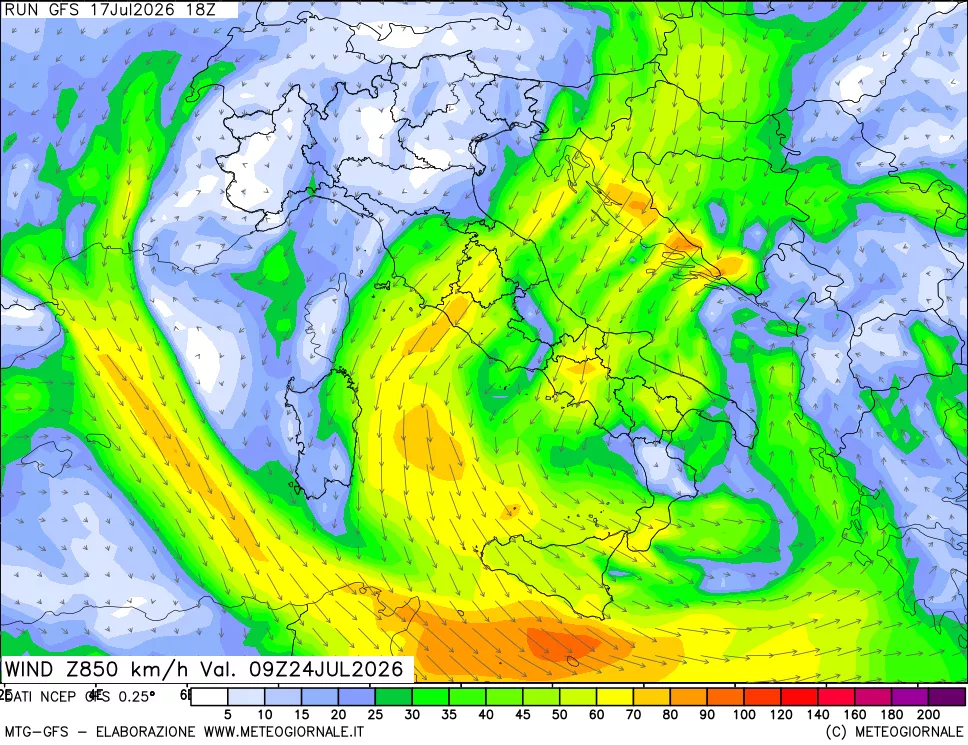 mappa 850 hPa Vento forza e direzione