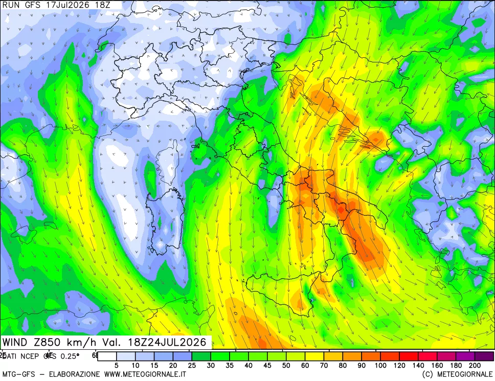 mappa 850 hPa Vento forza e direzione
